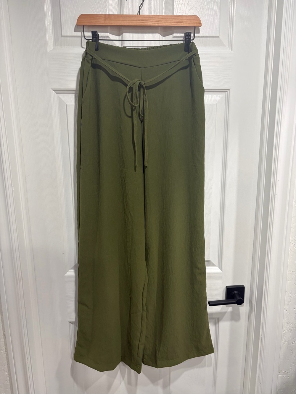 High Rise Olive Green Wide-Leg Elastic Tie-Waist Pants